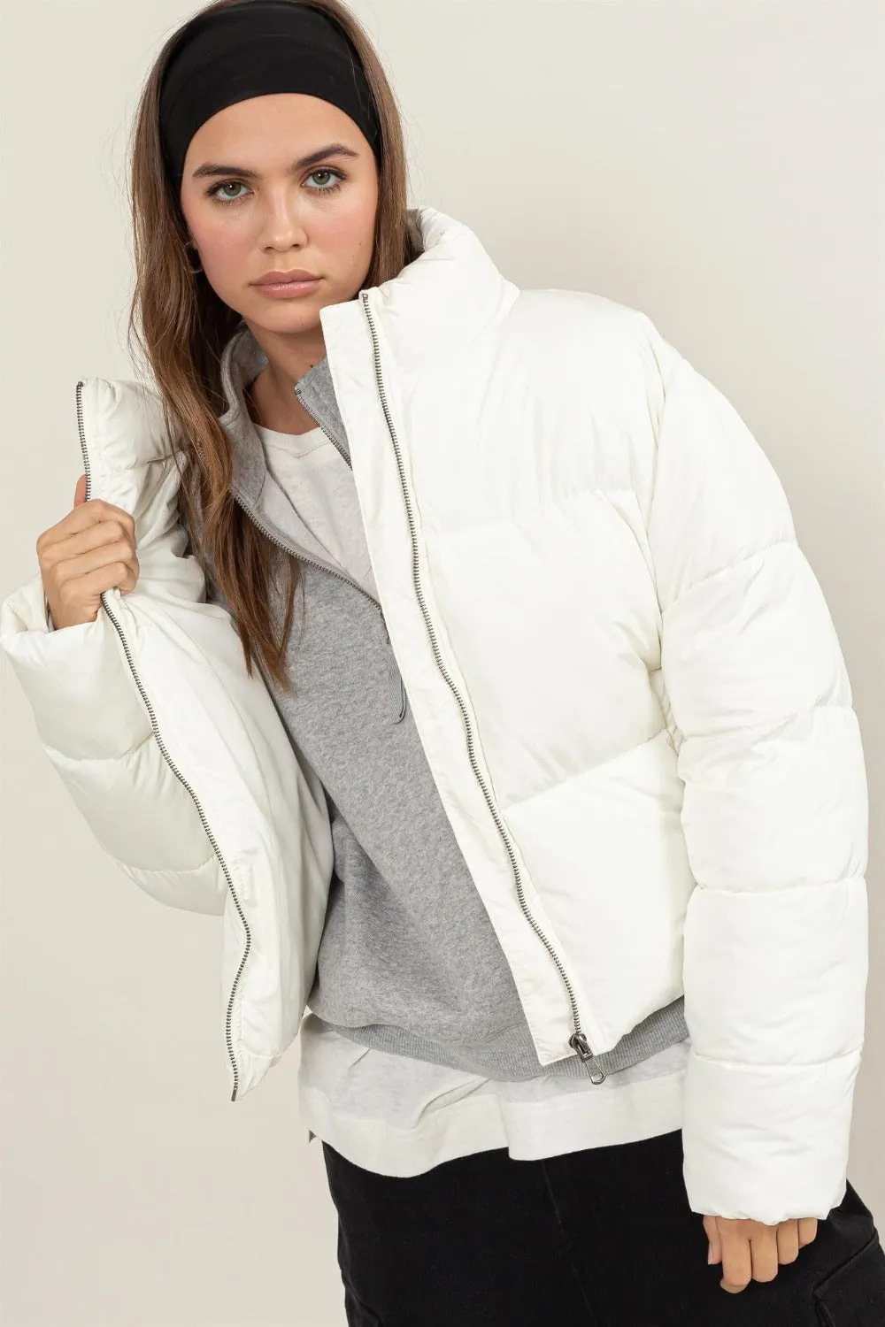 Quilted Back Drawstring Puffer Jacket | White