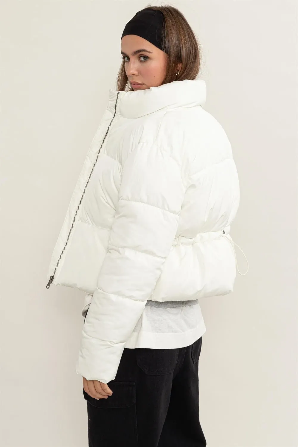 Quilted Back Drawstring Puffer Jacket | White