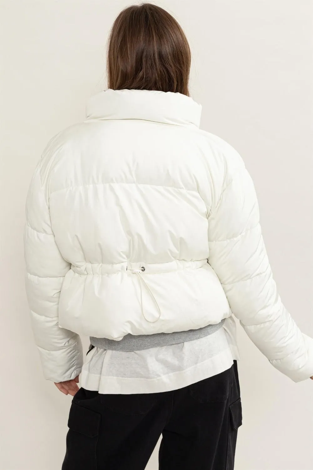 Quilted Back Drawstring Puffer Jacket | White