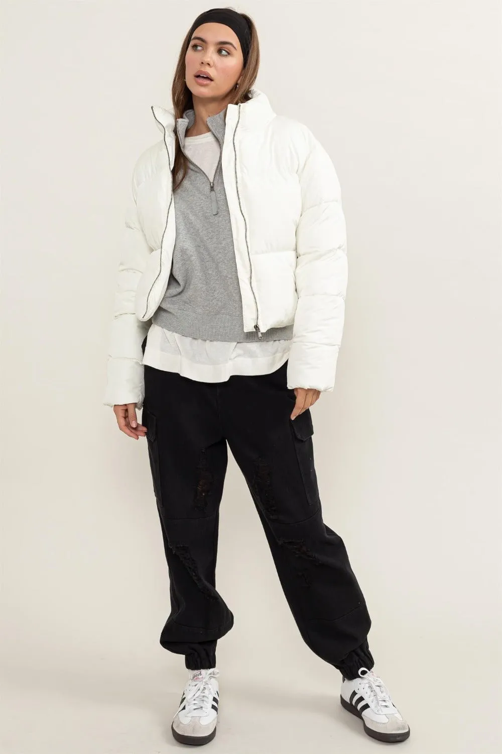 Quilted Back Drawstring Puffer Jacket | White