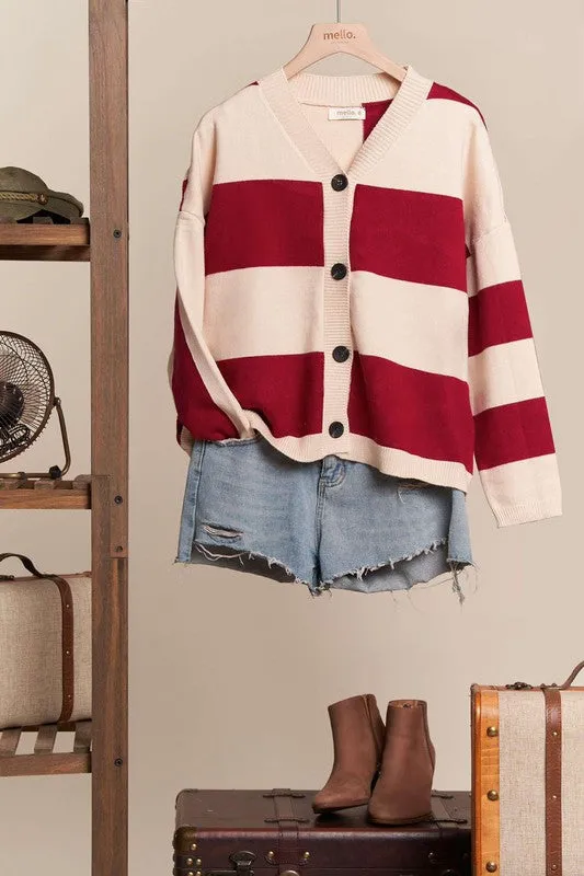 Red Combo V Neck Striped Button Down Cardigan