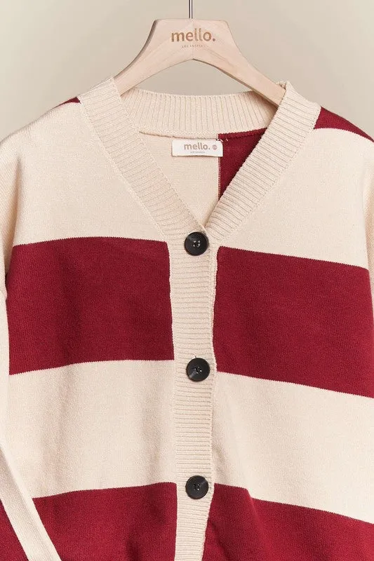 Red Combo V Neck Striped Button Down Cardigan