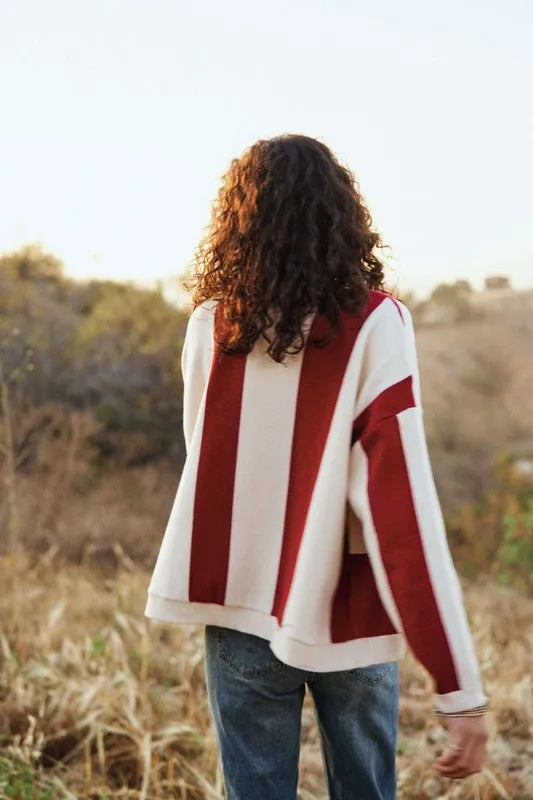 Red Combo V Neck Striped Button Down Cardigan