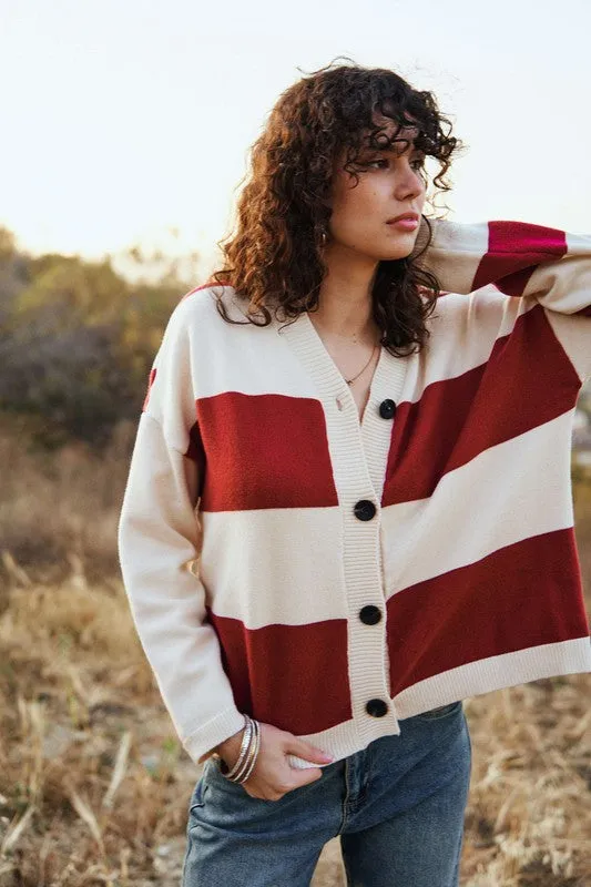 Red Combo V Neck Striped Button Down Cardigan