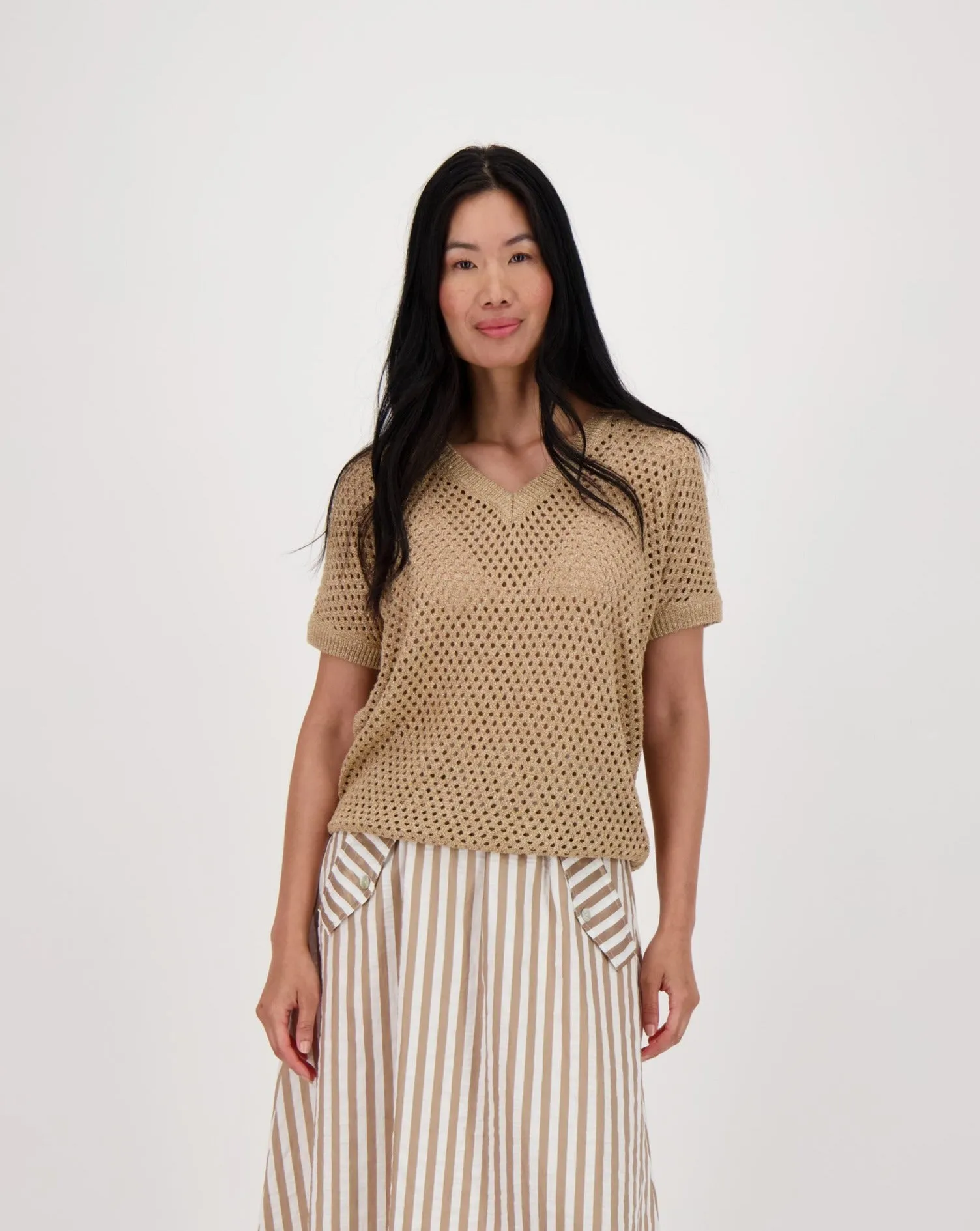 Relaxed V-Neck Open Stitch Pullover