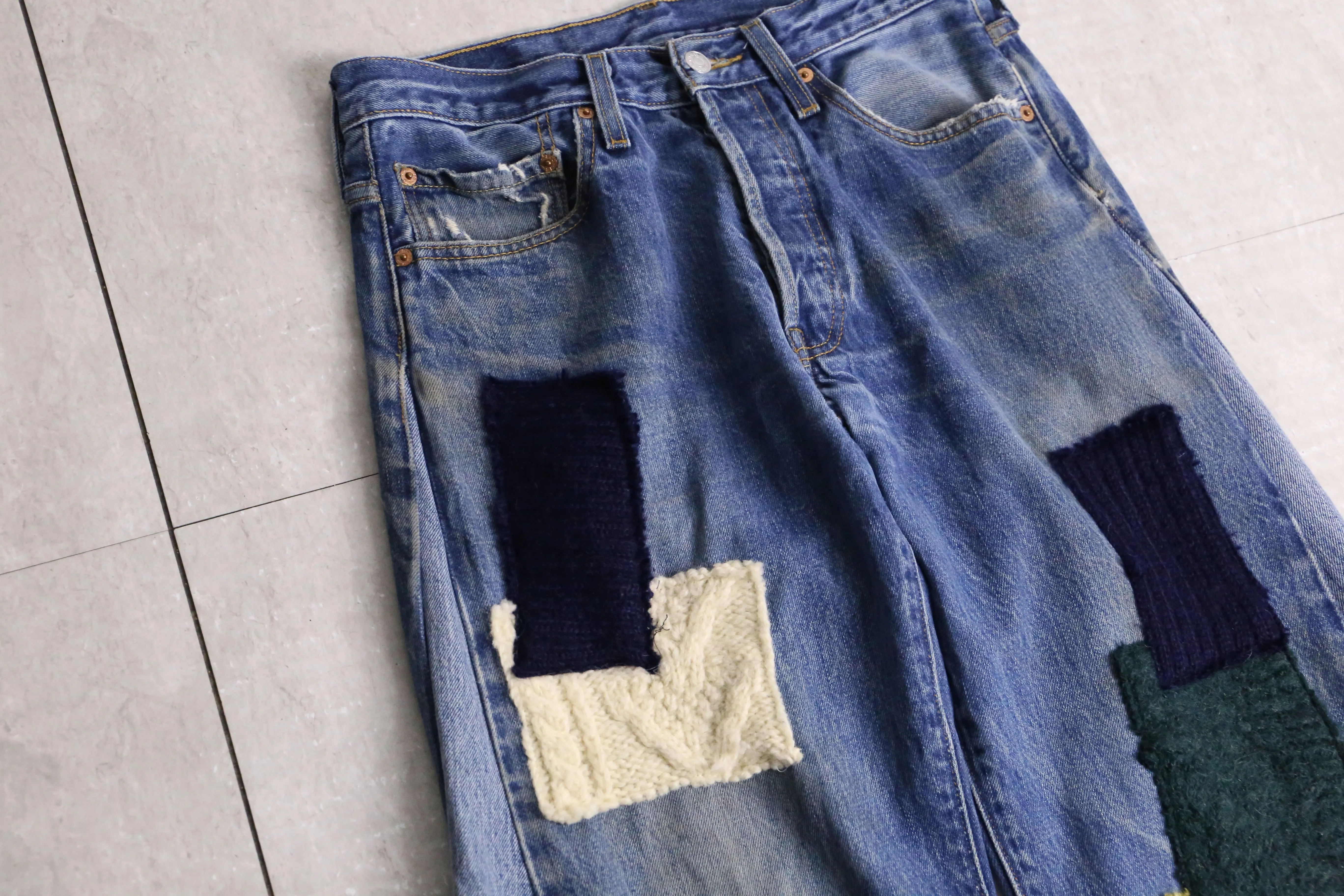 remake "再構築" knit patch work design denim pants