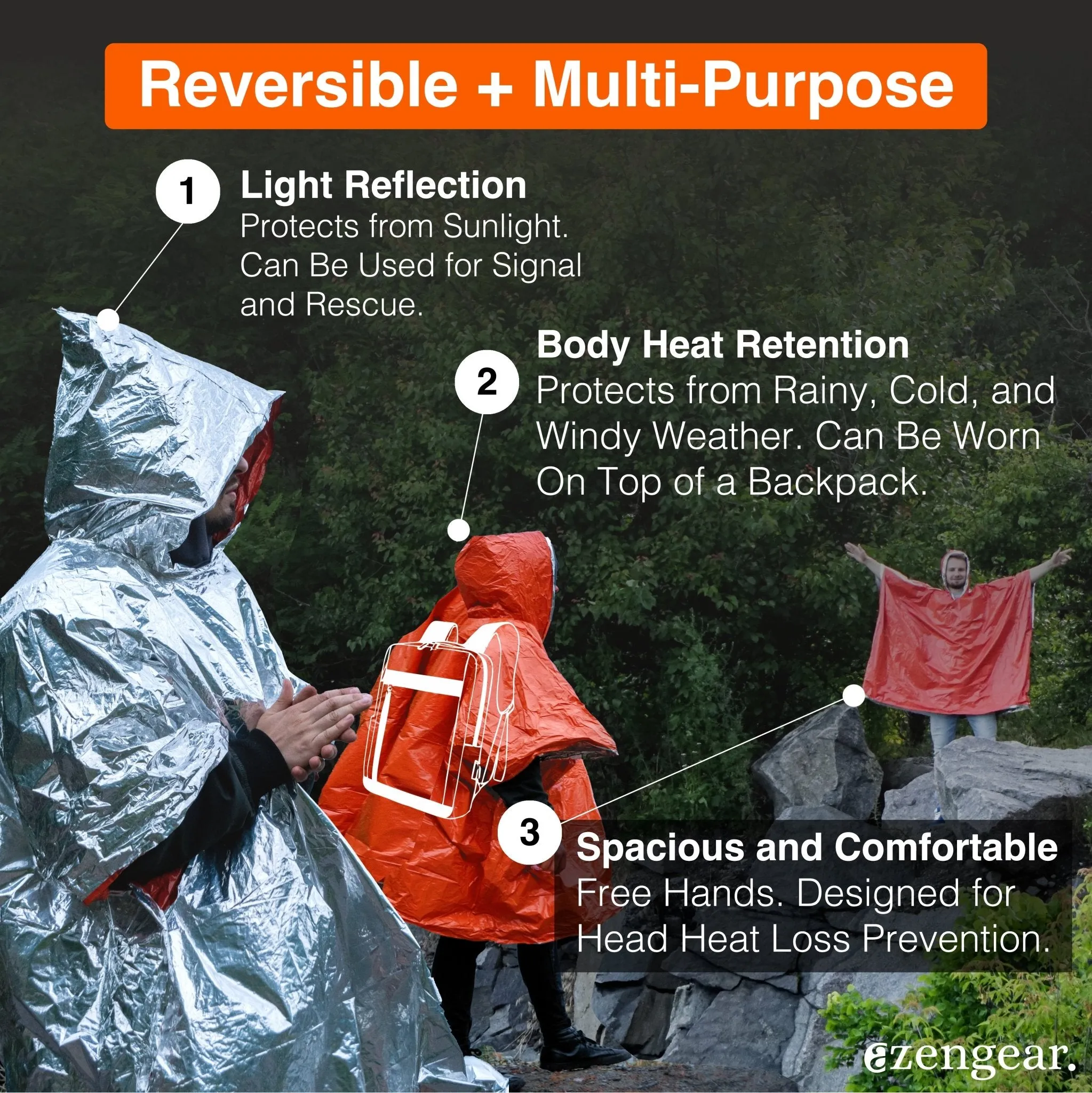 Reversible Emergency Survival Foil Poncho (4pc)