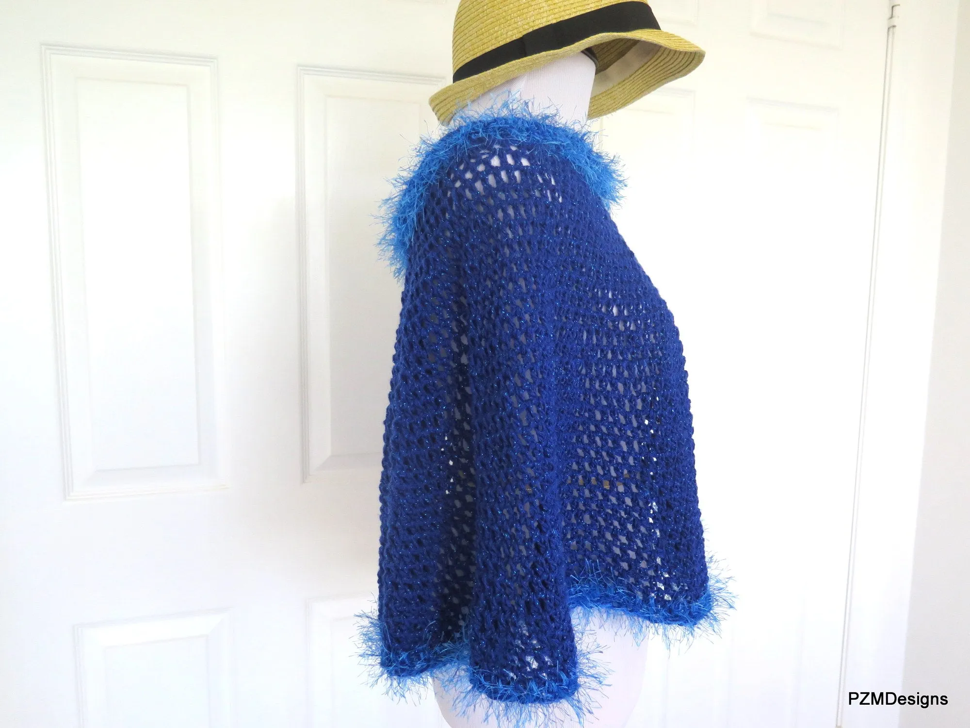 Royal Blue Short Crochet Poncho, Circle Poncho Gift for Her