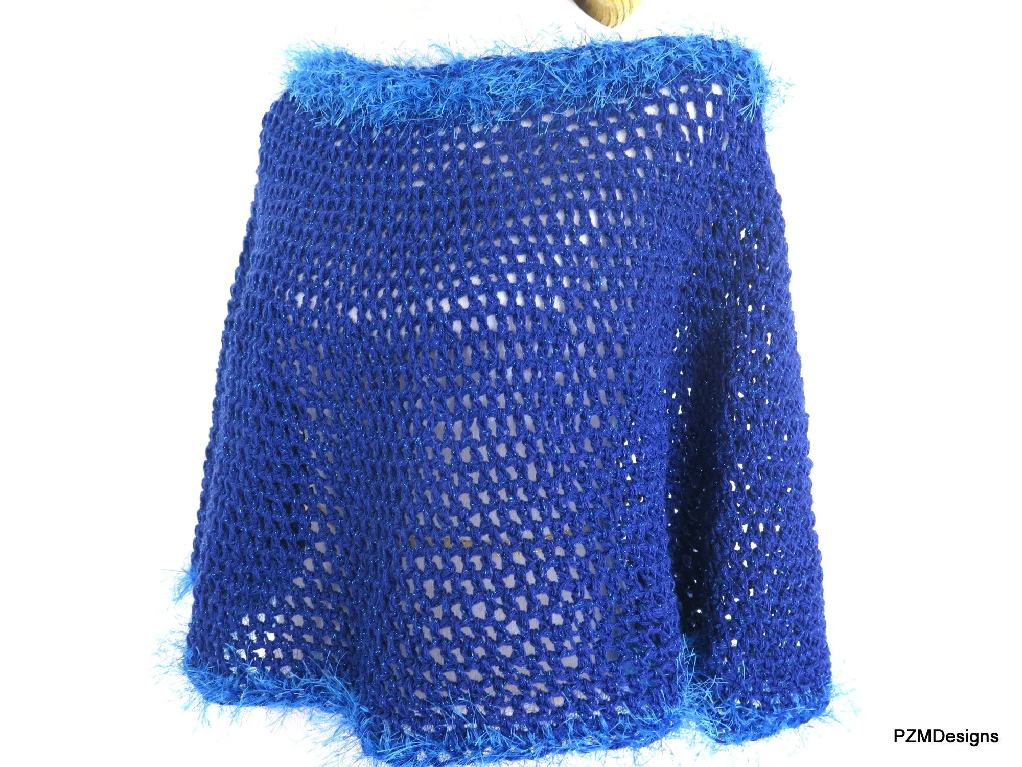 Royal Blue Short Crochet Poncho, Circle Poncho Gift for Her