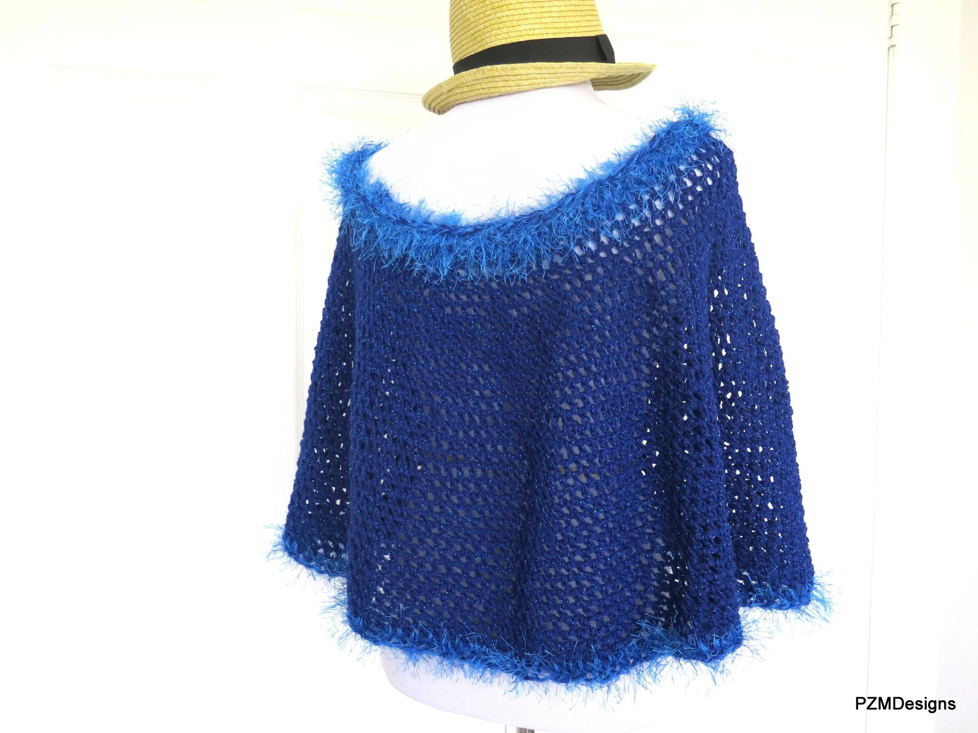 Royal Blue Short Crochet Poncho, Circle Poncho Gift for Her