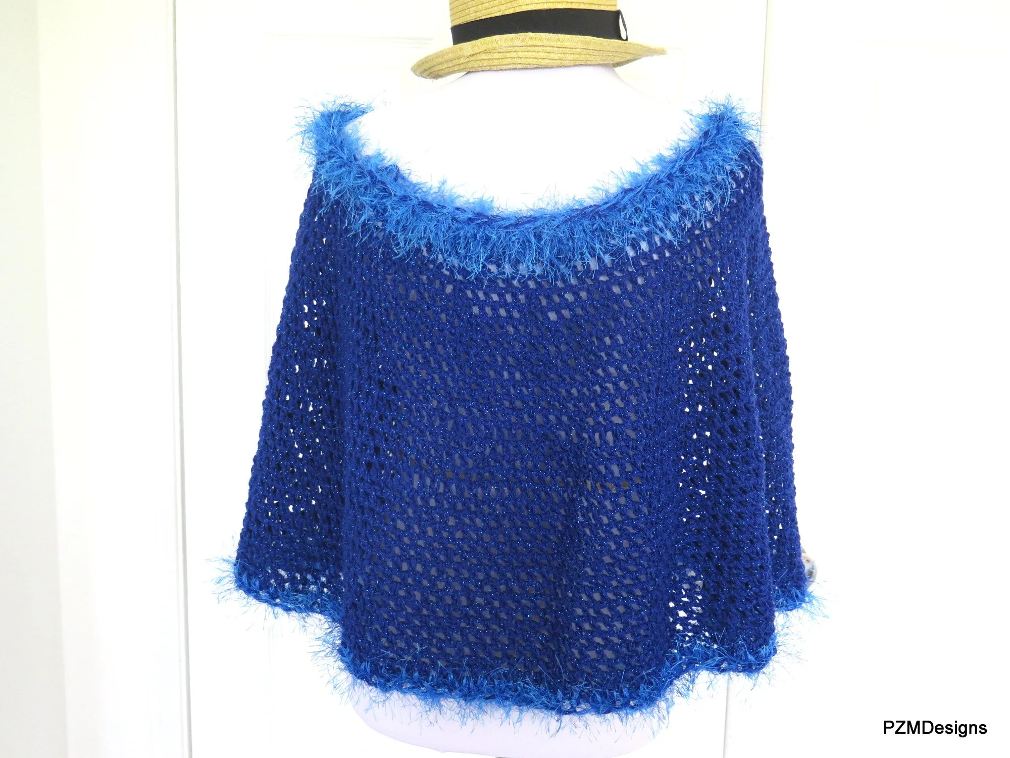 Royal Blue Short Crochet Poncho, Circle Poncho Gift for Her