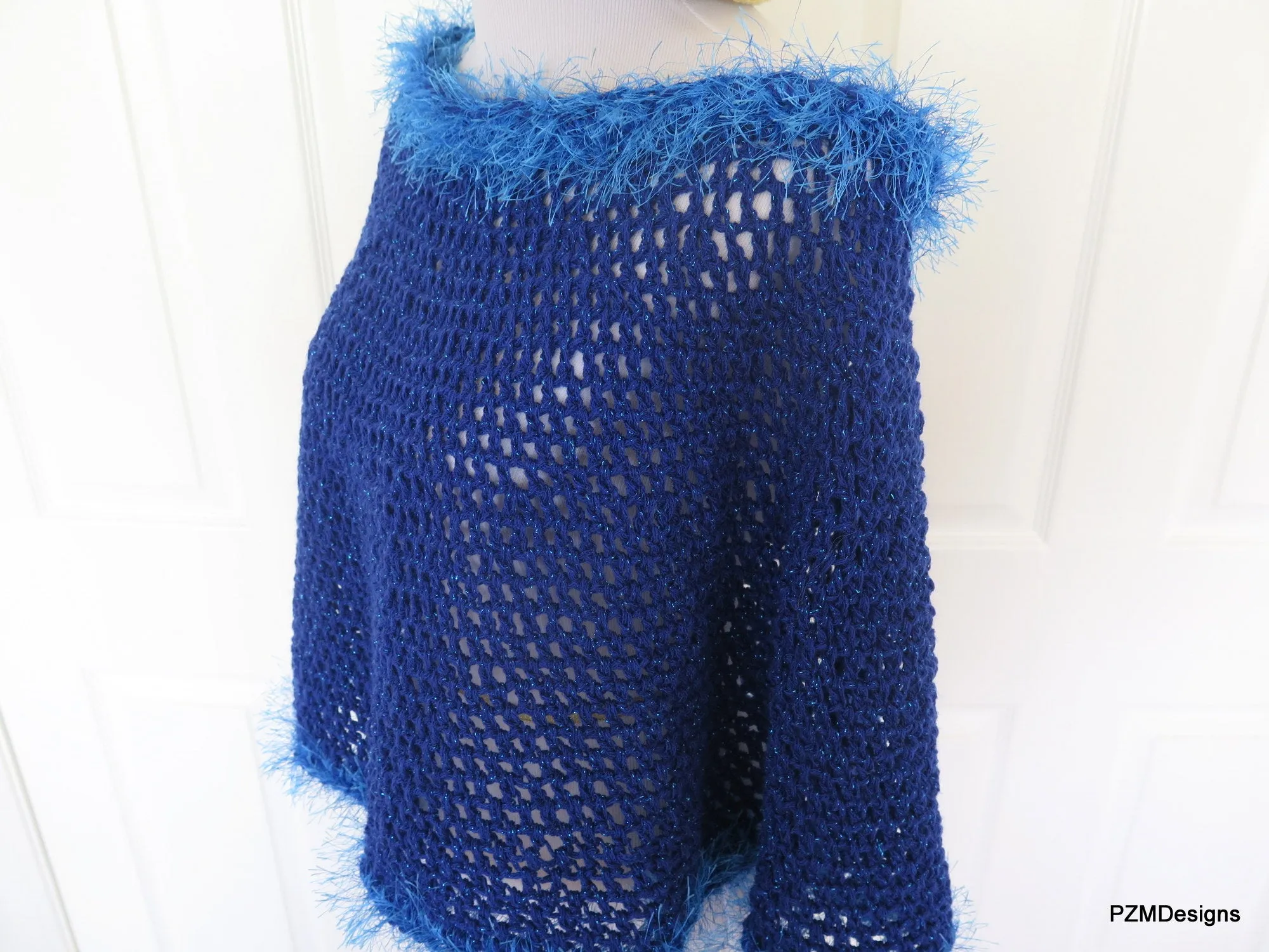 Royal Blue Short Crochet Poncho, Circle Poncho Gift for Her