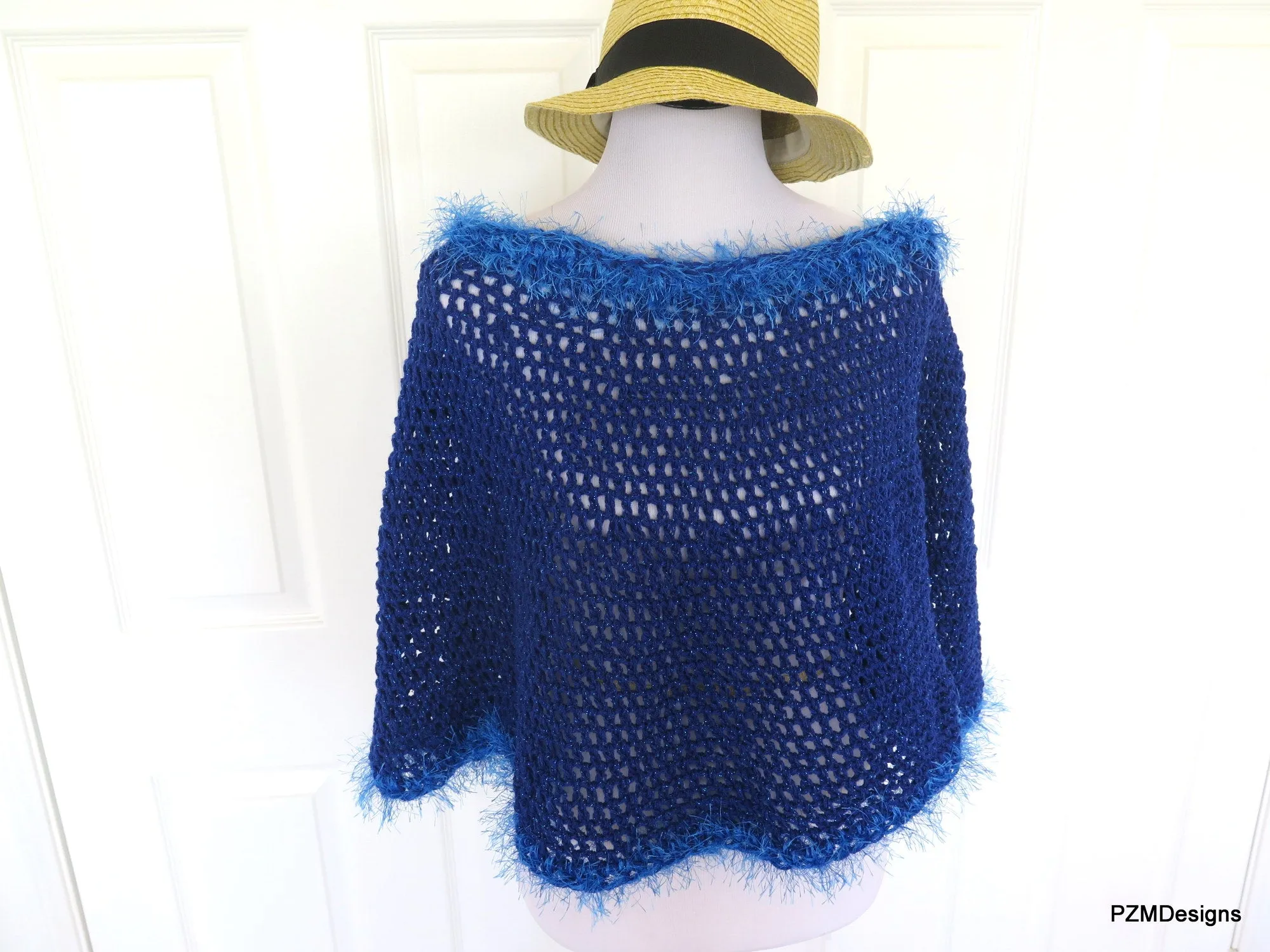 Royal Blue Short Crochet Poncho, Circle Poncho Gift for Her