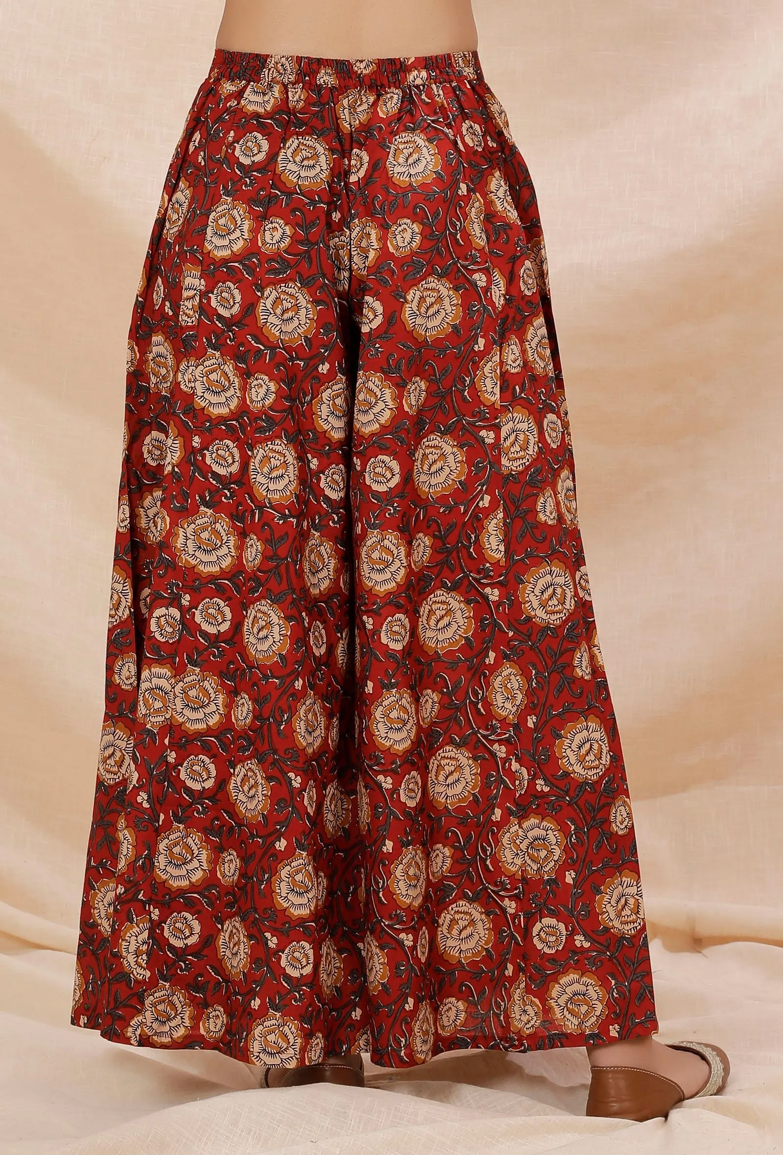 Rust Red Kalamkari Contrast Print Flared Cotton Pants