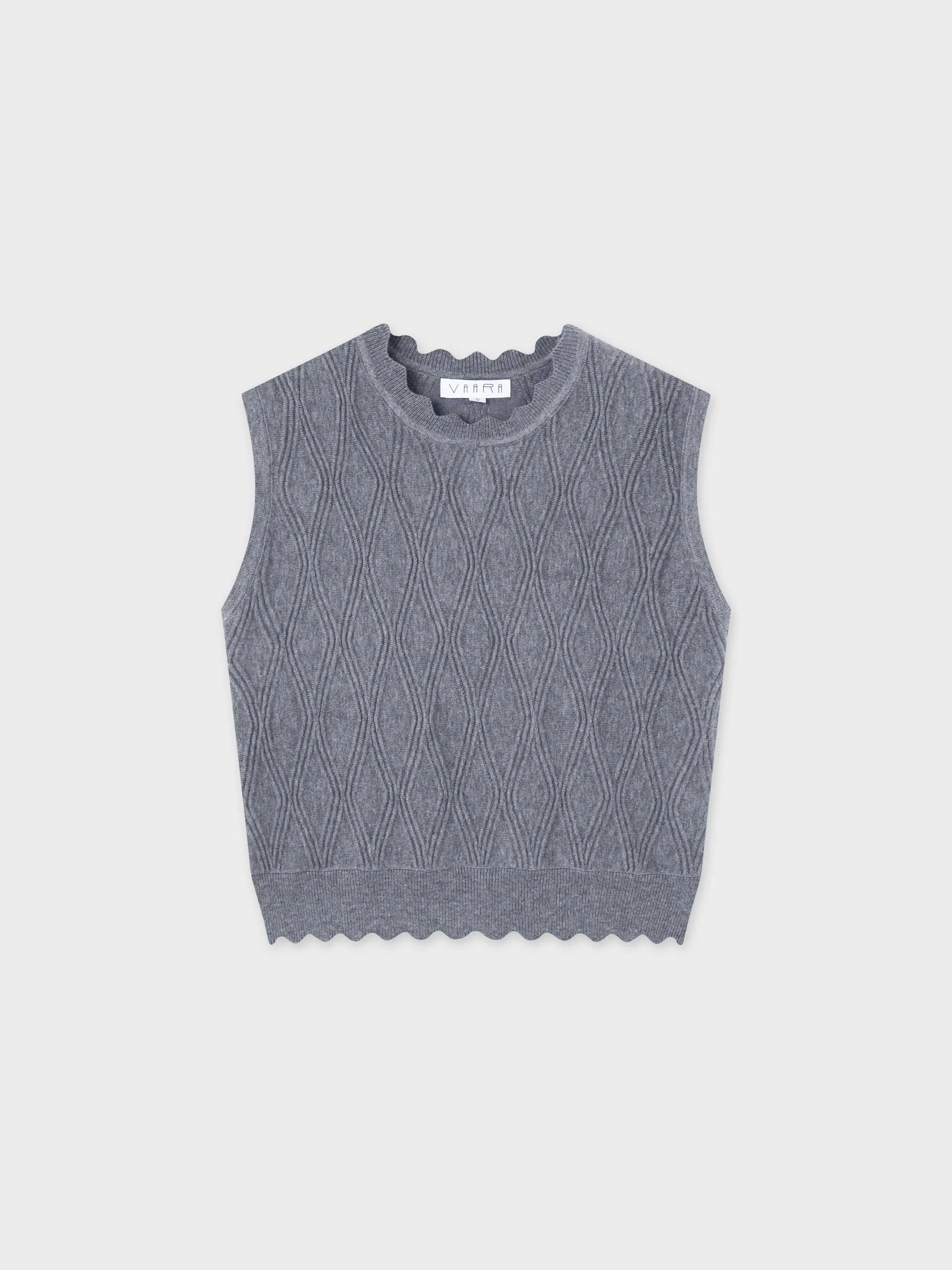 Scalloped Sleeveless Crew Neck Sweater-Heathered Grey