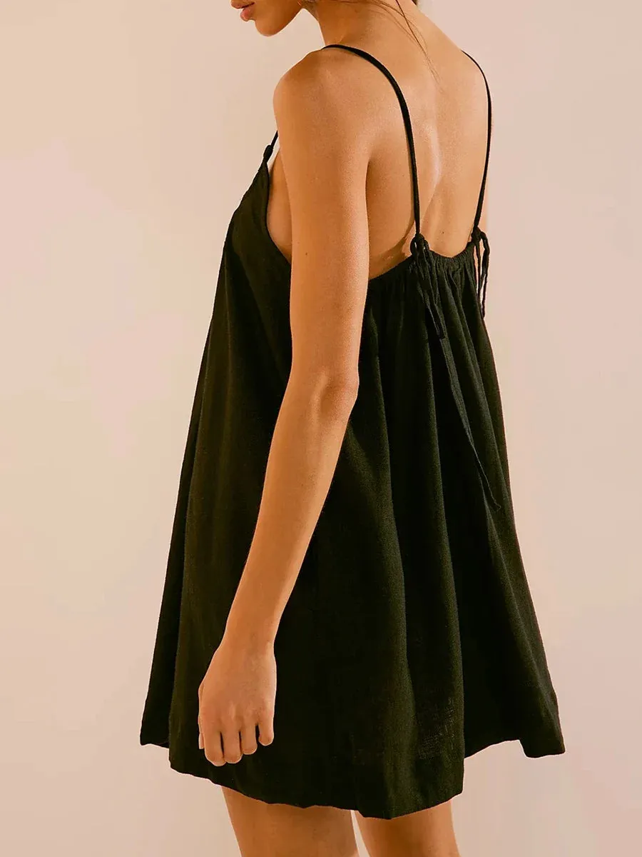 Scoop Neck Solid Color Loose Cami Beachwear Black Basics Casual Sleeveless Dress