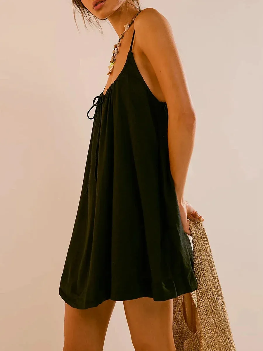 Scoop Neck Solid Color Loose Cami Beachwear Black Basics Casual Sleeveless Dress