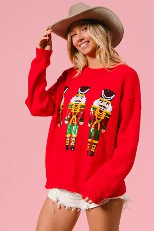 Sequin Nutcrackers Emb Christmas Sweater