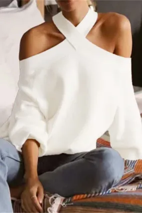 Sexy Solid Neck Hanger Off Shoulder Halter Sweaters