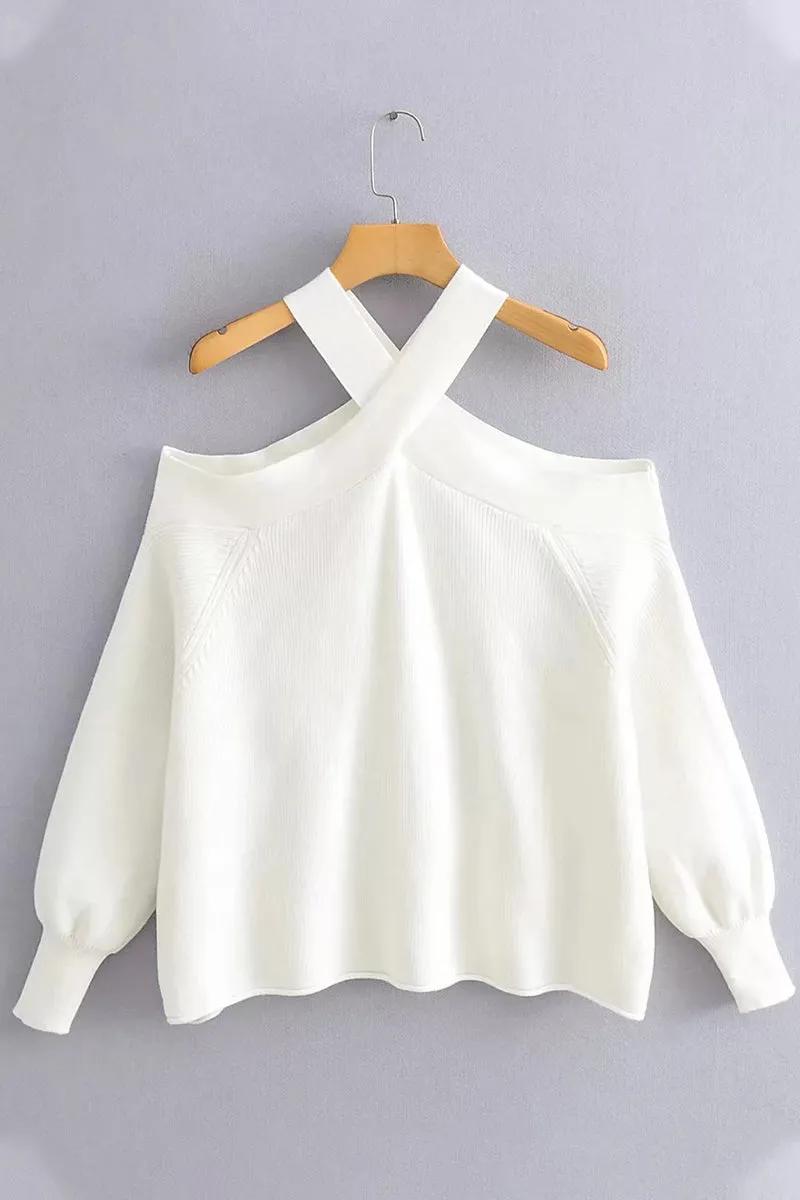 Sexy Solid Neck Hanger Off Shoulder Halter Sweaters