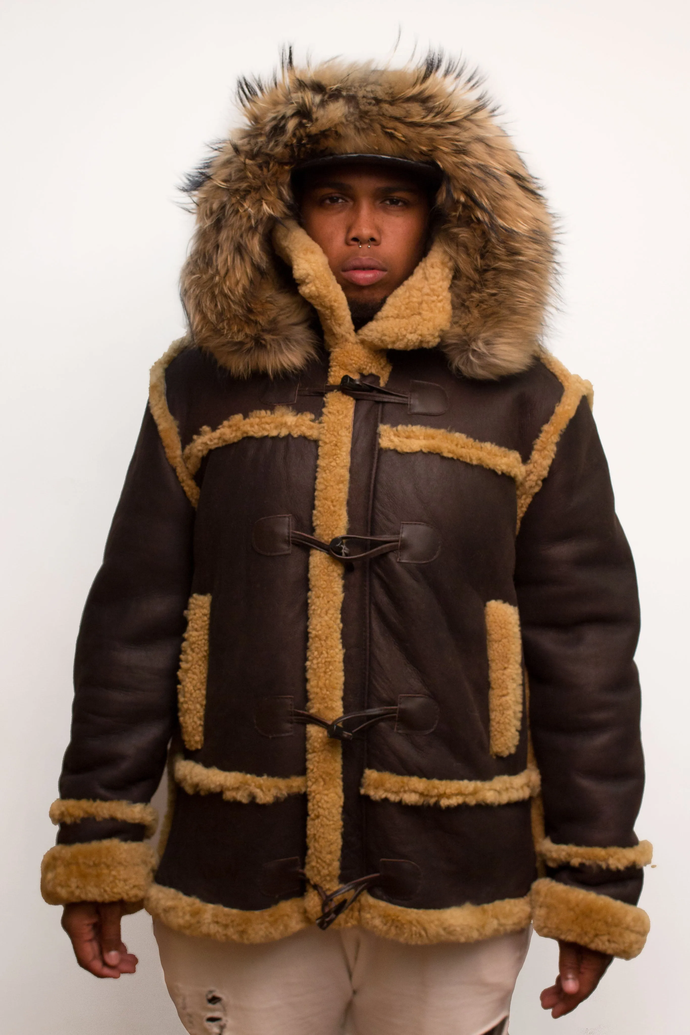 Sheepskin Jacket Toggle Closer with Hood and Fur Style #4700