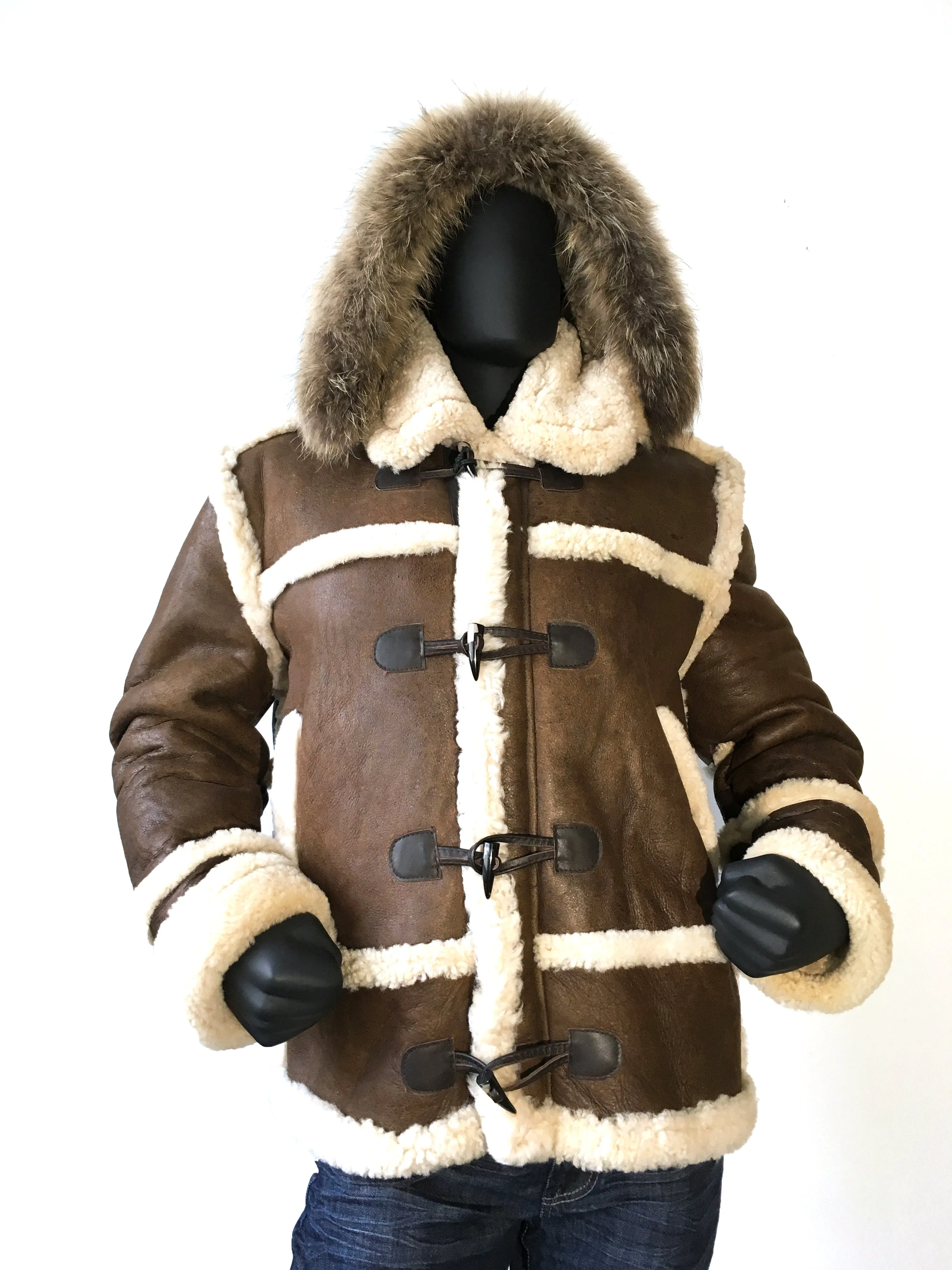 Sheepskin Jacket Toggle Closer with Hood and Fur Style #4700