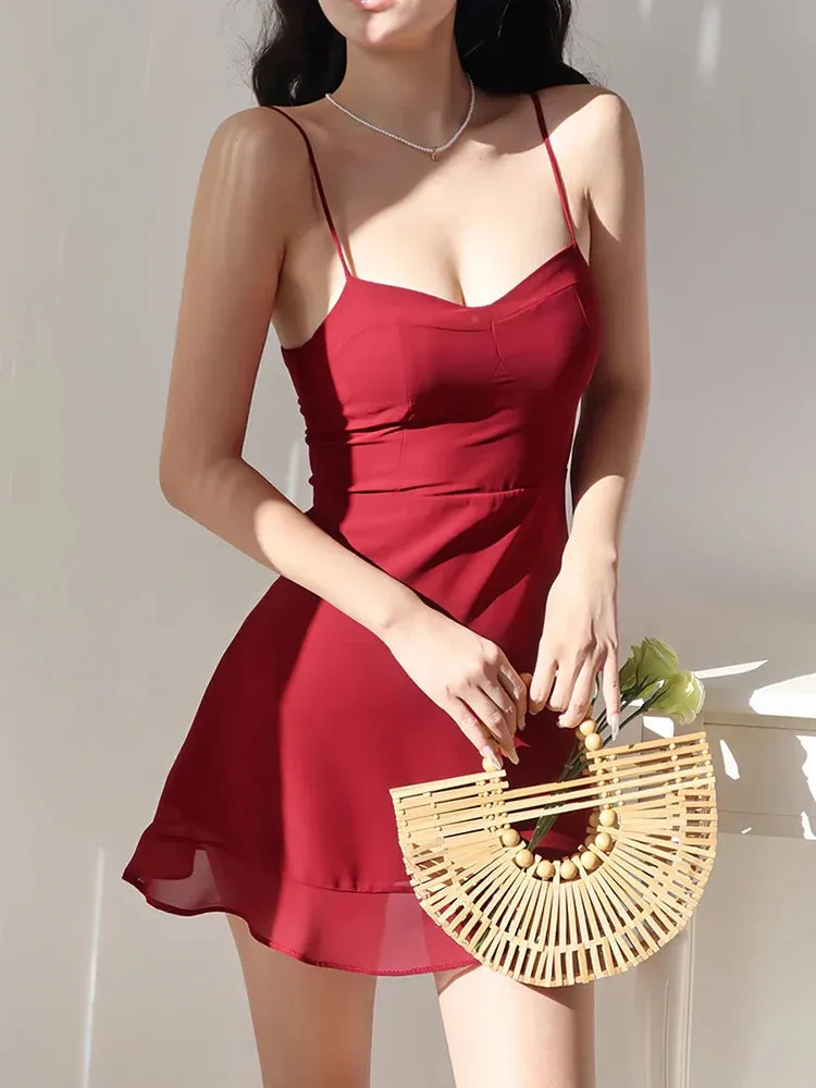 Short Suspender Solid Sleeveless Ruffle Elegant Slim Color Women Summer Casual Dress Dress