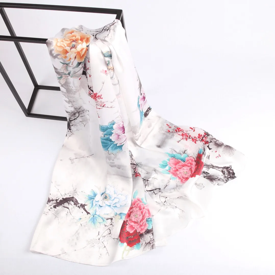 Silk Scarf Collections|Blossom Range|Floral Mix|White|Long Silk Scarf