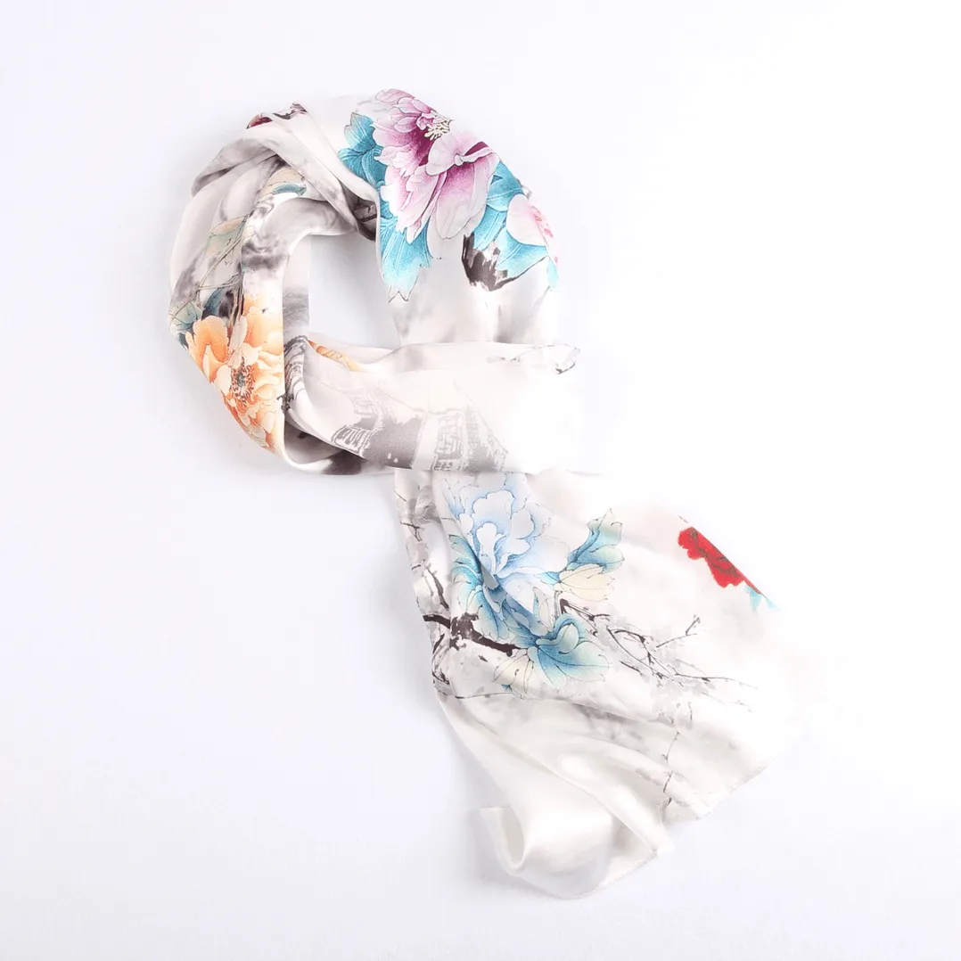 Silk Scarf Collections|Blossom Range|Floral Mix|White|Long Silk Scarf