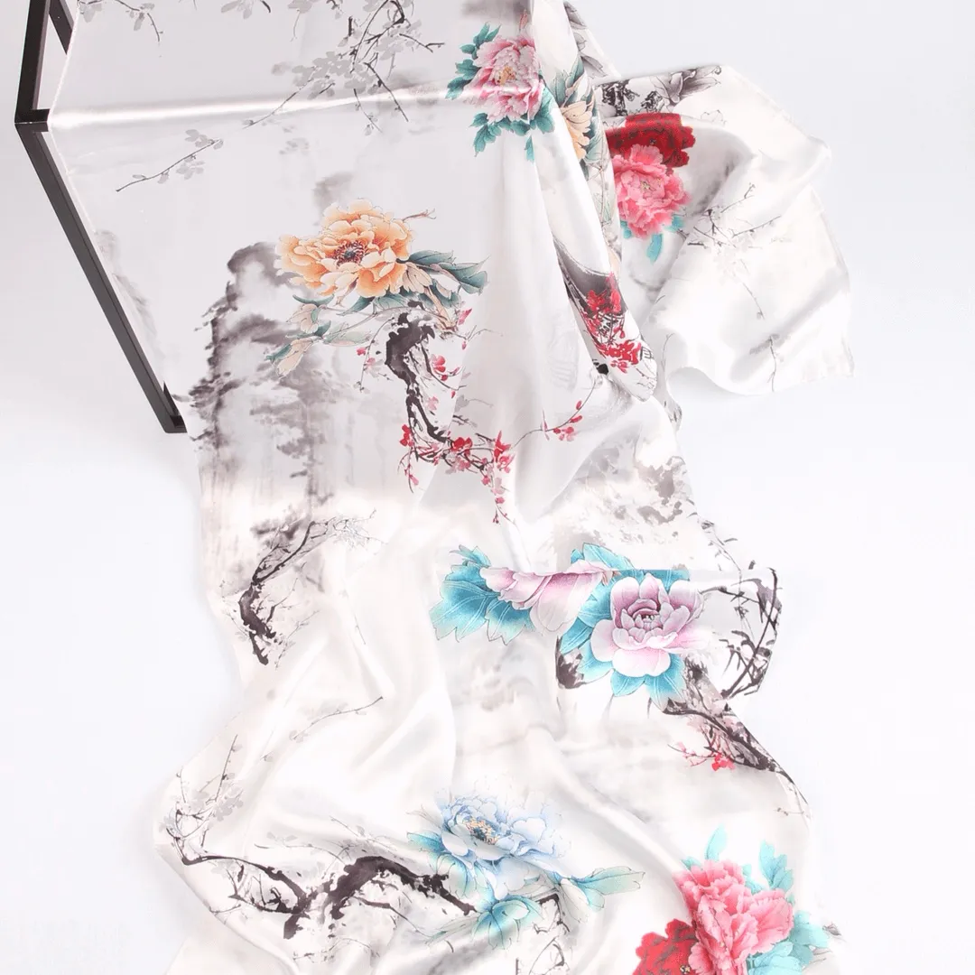 Silk Scarf Collections|Blossom Range|Floral Mix|White|Long Silk Scarf