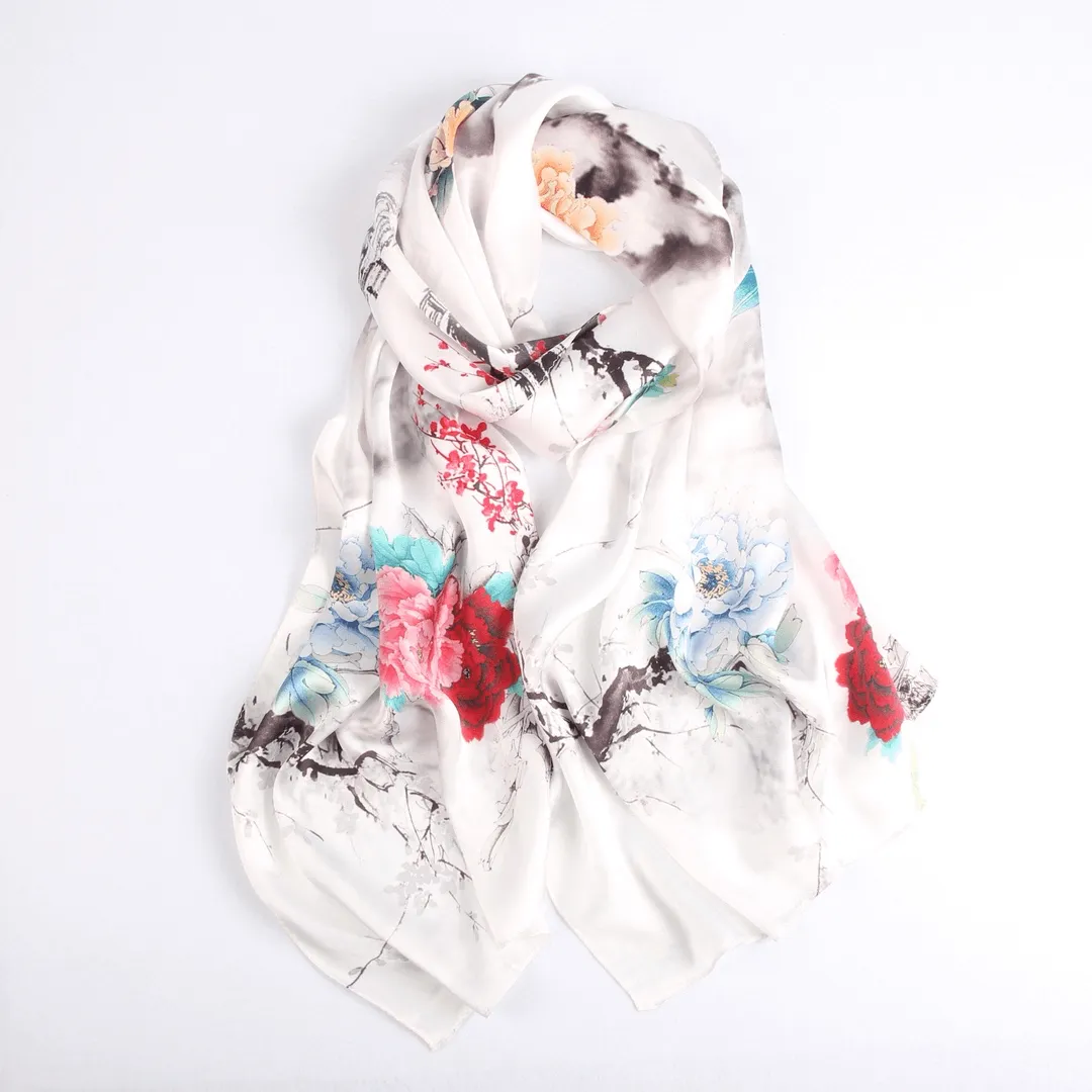 Silk Scarf Collections|Blossom Range|Floral Mix|White|Long Silk Scarf