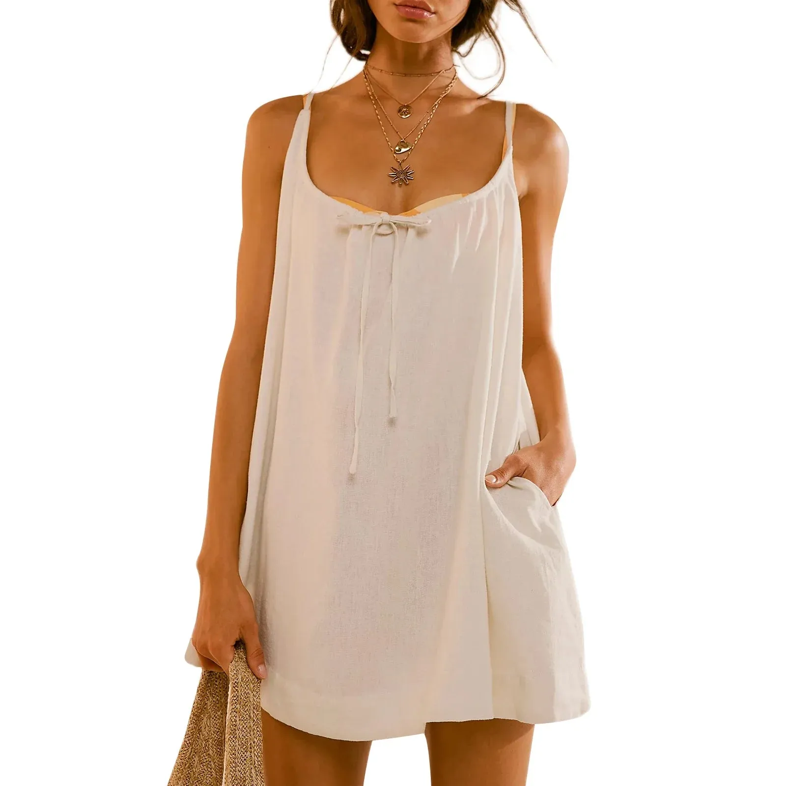 Sleeveless Scoop Neck Solid Color Loose Casual Cami Beachwear Summer Mini Dress