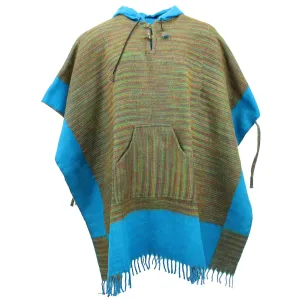 Soft Vegan Wool Hooded Tibet Poncho - Green Red & Turquoise