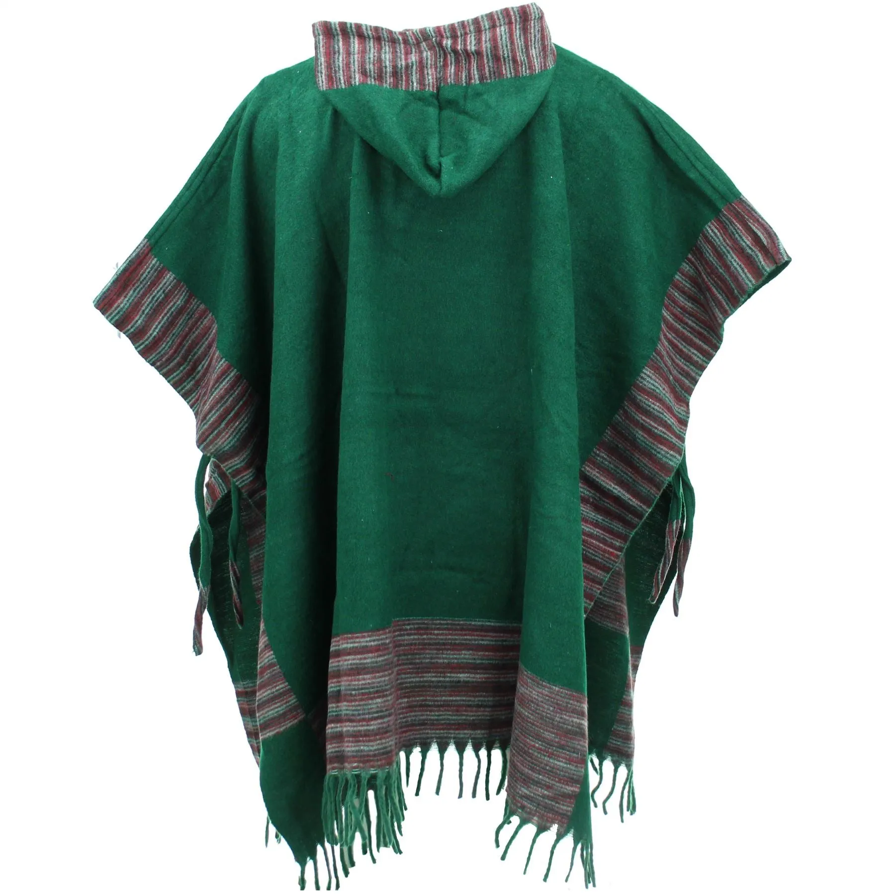 Soft Vegan Wool Hooded Tibet Poncho - Racing Green & Red Grey