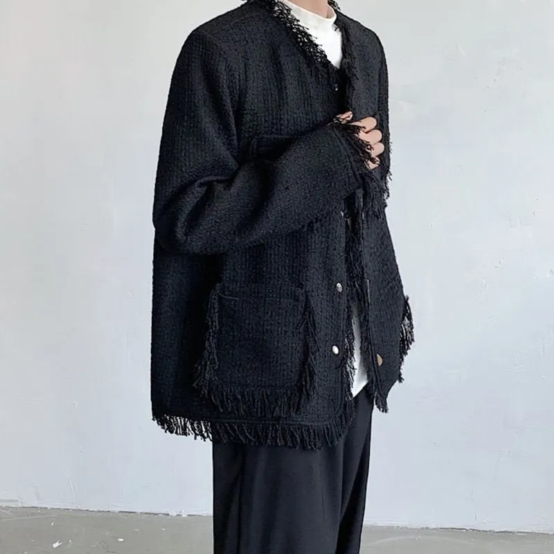 Solid Black Color Tassels Jacket