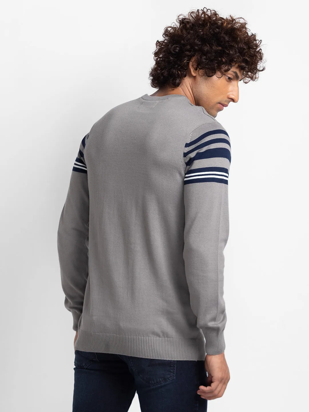 Spykar Cement Grey Navy Cotton Full Sleeve Casual Sweater