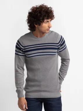 Spykar Cement Grey Navy Cotton Full Sleeve Casual Sweater