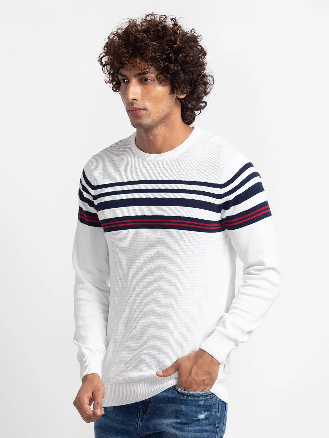 Spykar Ecru Navy Cotton Full Sleeve Casual Sweater For Men