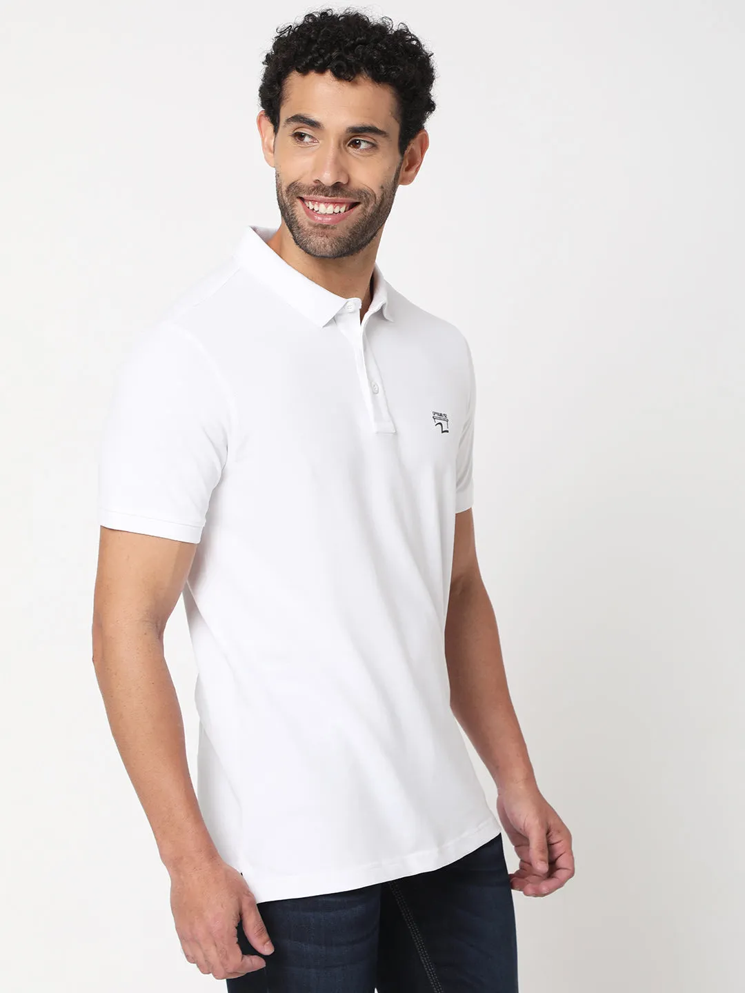 Spykar Men White Cotton Half Sleeve Plain Casual Polo Tshirt