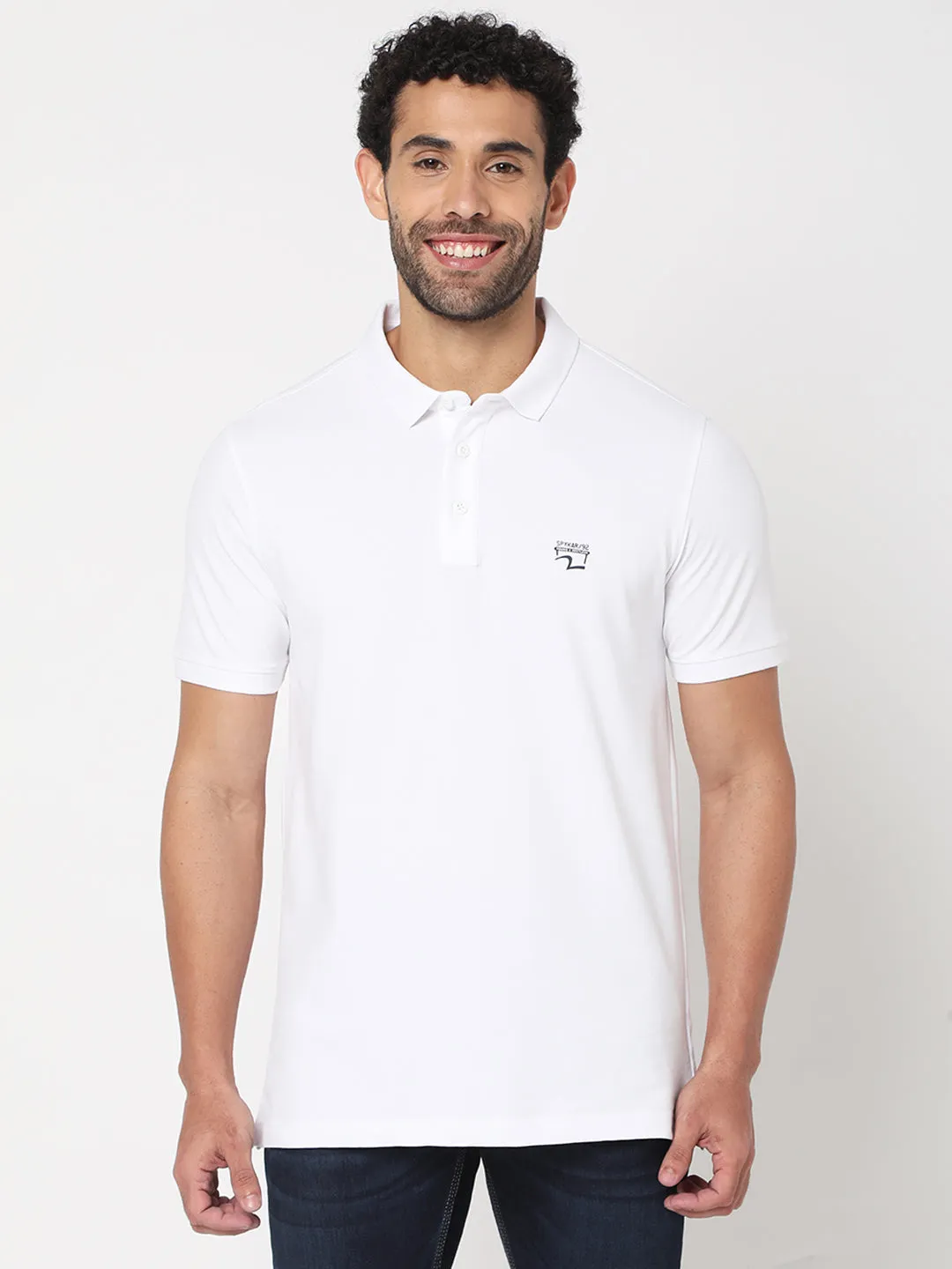 Spykar Men White Cotton Half Sleeve Plain Casual Polo Tshirt