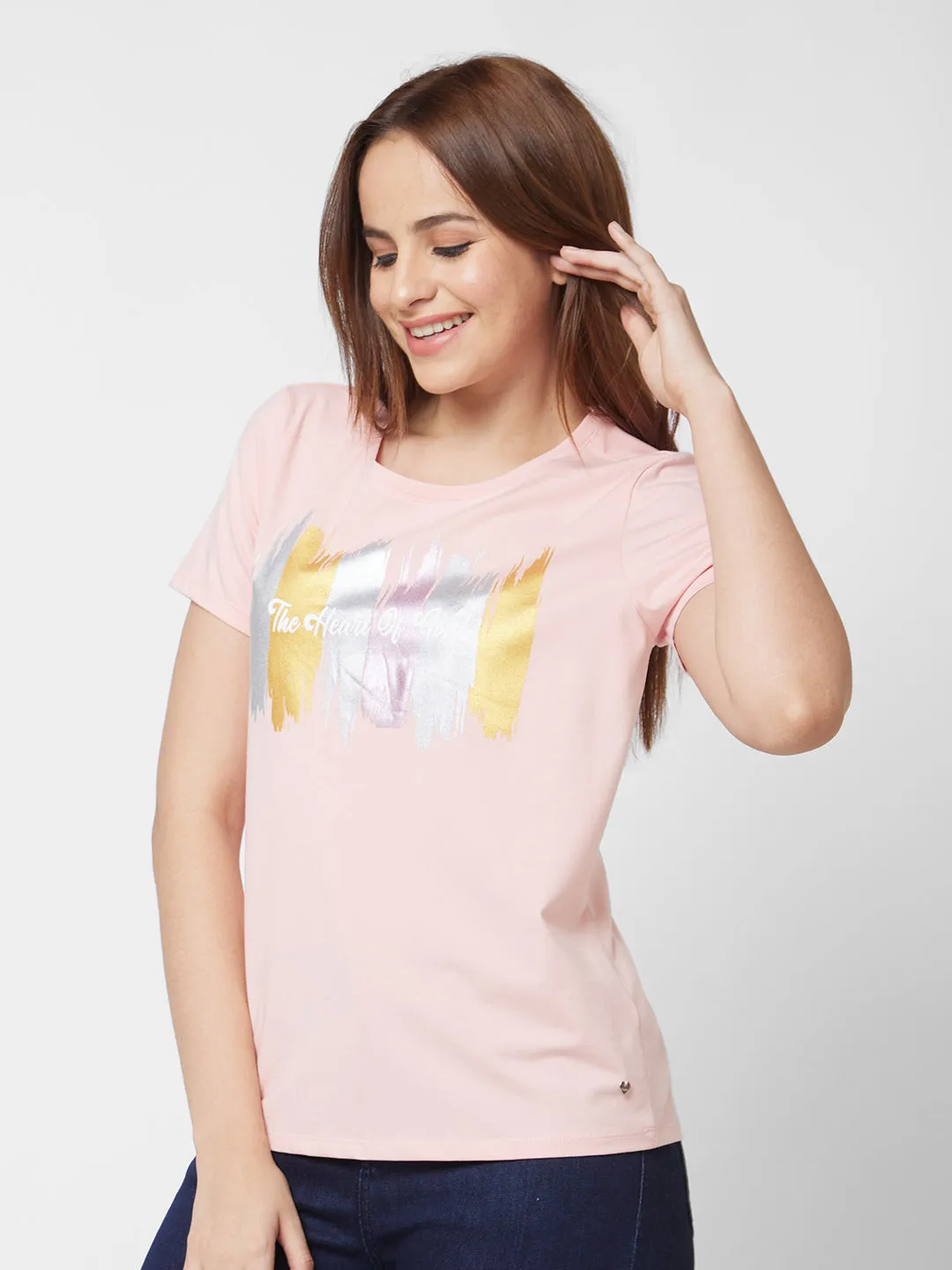 Spykar Round Neck Half Sleeve Pink Printed T-Shirt For Women