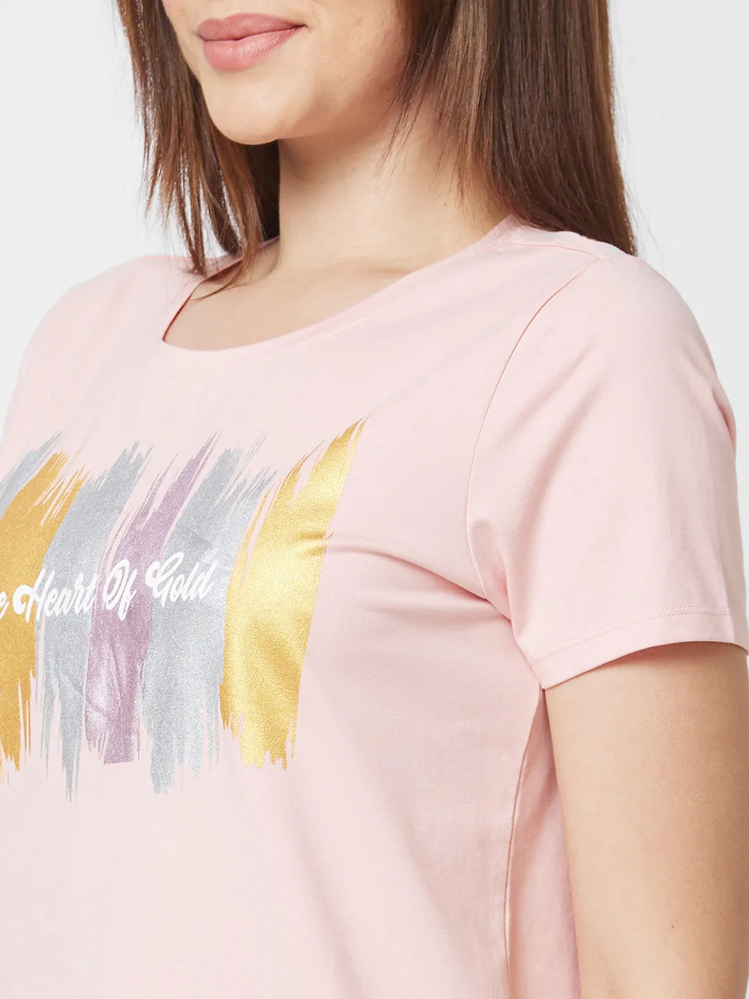 Spykar Round Neck Half Sleeve Pink Printed T-Shirt For Women