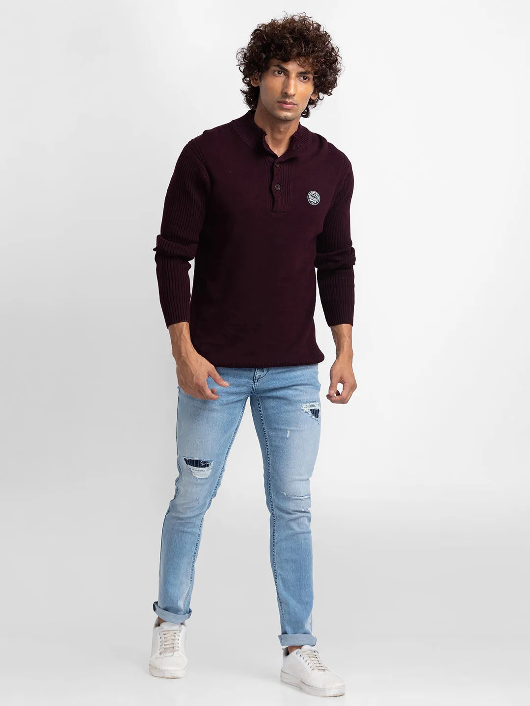 Spykar Wine Cotton Full Sleeve Casual Sweater For Men