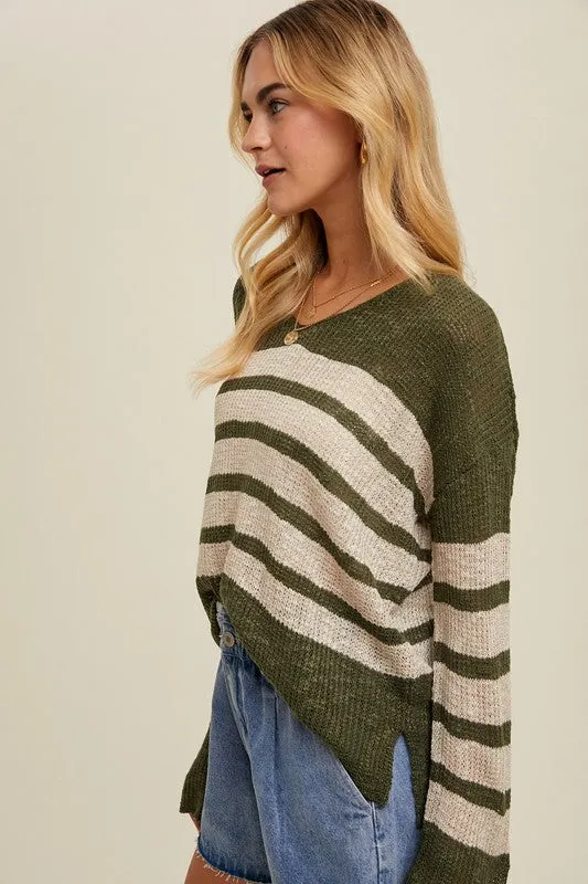 Striped Crochet Sweater Top - Olive & Cream