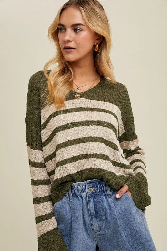 Striped Crochet Sweater Top - Olive & Cream