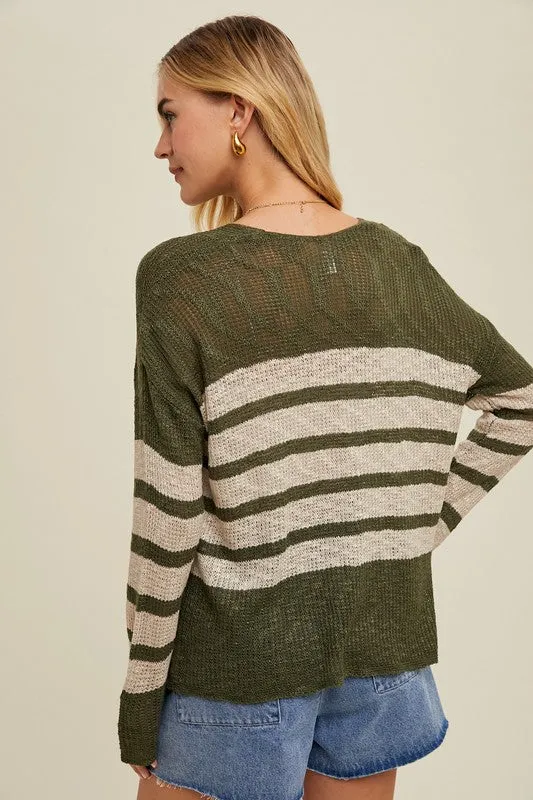 Striped Crochet Sweater Top - Olive & Cream