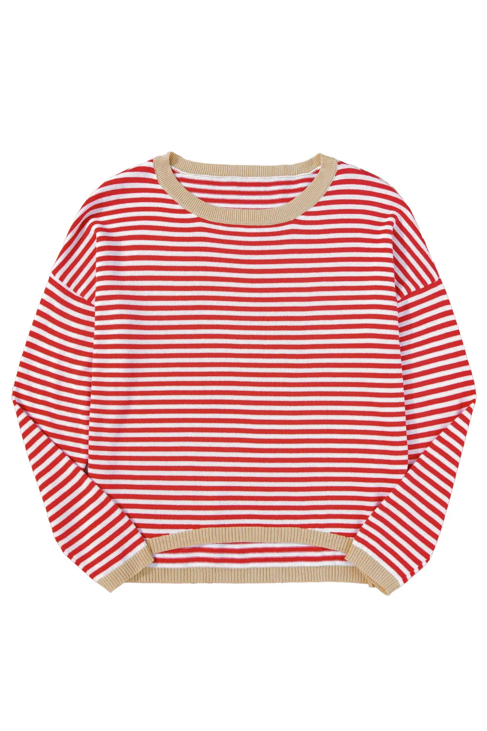 Striped Print Trim Drop Sleeve Knit Pullover Sweater