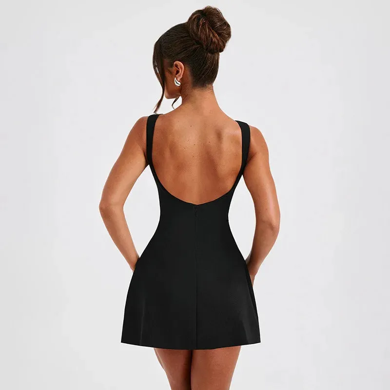 Summer Slim Fit Short Fashion Sexy Backless Solid Basic High Waist A-Line Elegant Lady Birthday Party 2024 Mini Dress