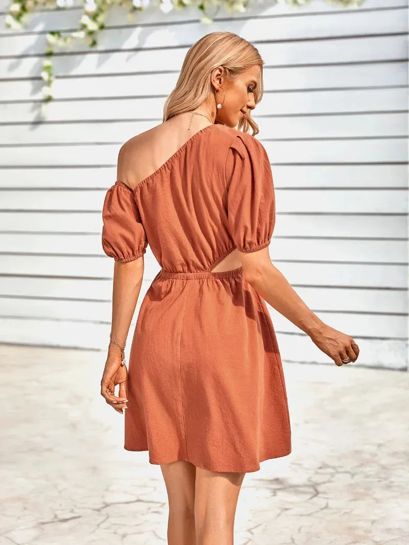 Summer Women's Sexy Waistless Hollow Out Mini Dress with Diagonal Neck and Puff Sleeves