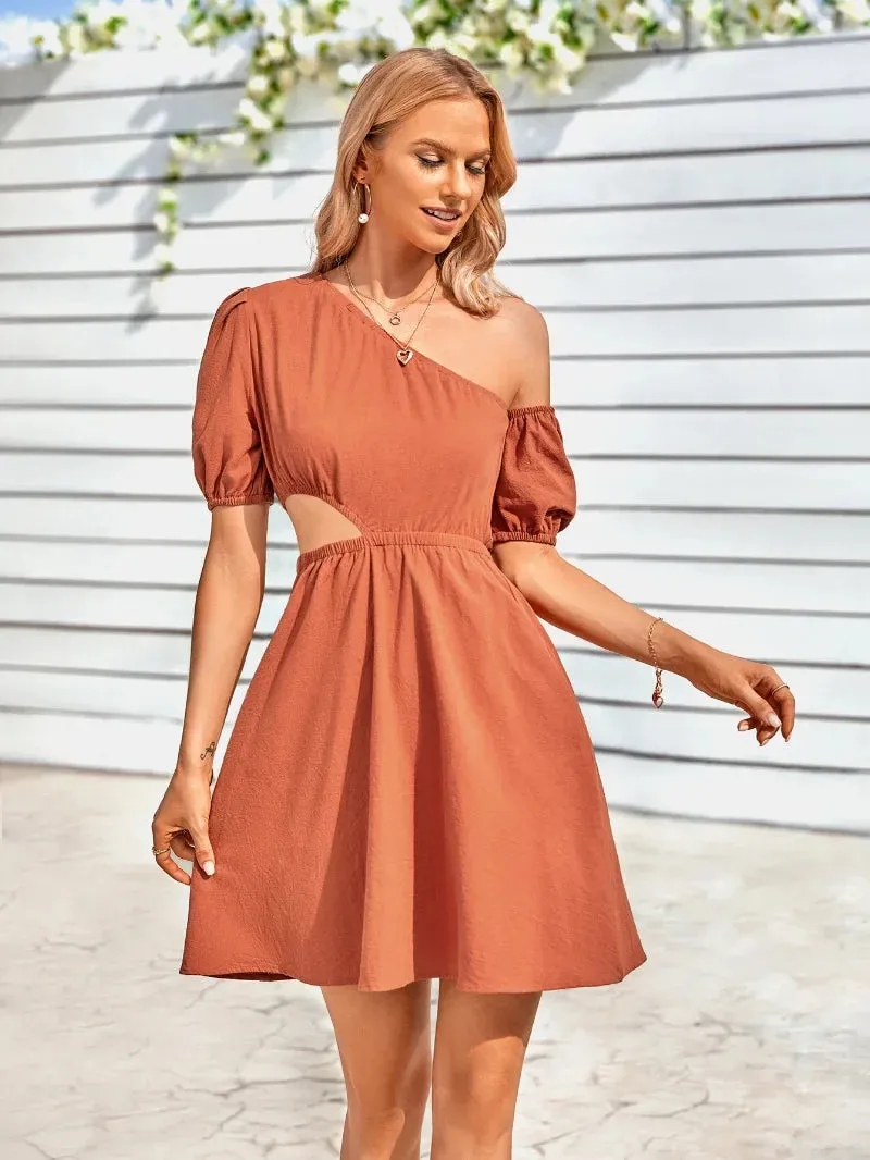 Summer Women's Sexy Waistless Hollow Out Mini Dress with Diagonal Neck and Puff Sleeves